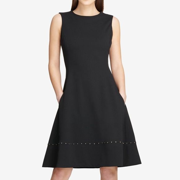 DKNY Black Studded Fit & Flare Crew Neck Career Dress Size 6 - Picture 1 of 3